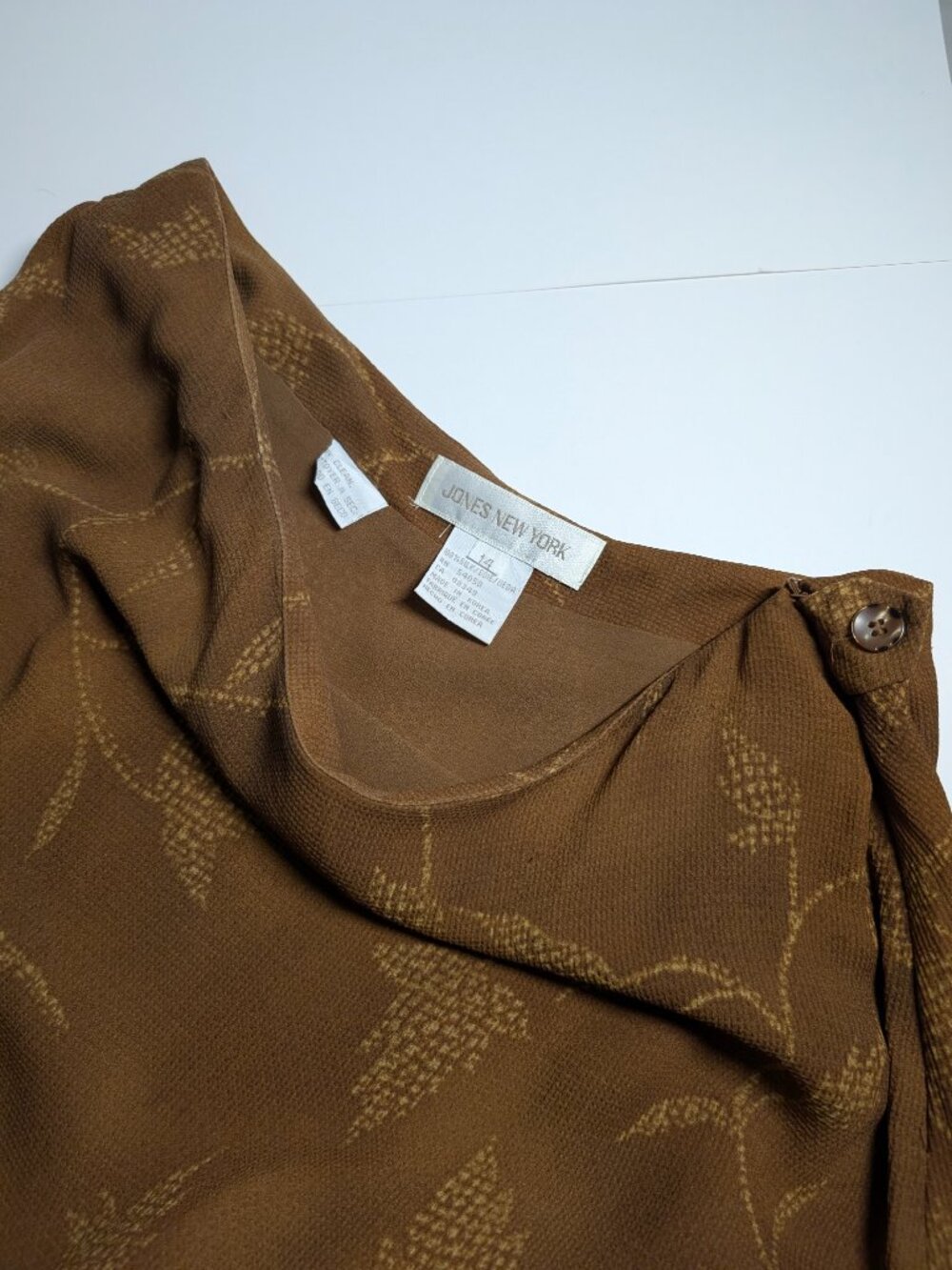 Jones New York 100% Silk Floral Midi Skirt Brown Size 14 - Picture 10 of 13